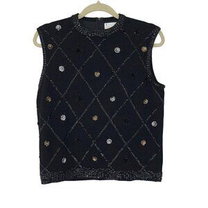 Marchessa Vintage Womens Sweater Black Size 40 Floral Beaded Sequin Sleeveless